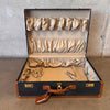 Vintage Leather & Canvas Suitcase on Casters With Strap