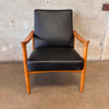 Rare Vintage Fritz Hansen Lounge Chair With Solid Oak Wood & Black Naugahyde