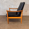 Rare Vintage Fritz Hansen Lounge Chair With Solid Oak Wood & Black Naugahyde