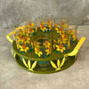 Set of Eight Vintage Flower Themed Glasses In Caddy - Made in Brazil