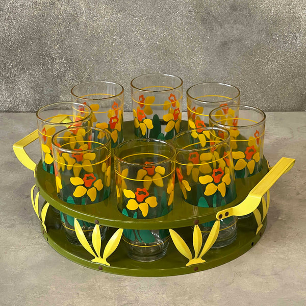 Set of Eight Vintage Flower Themed Glasses In Caddy - Made in Brazil