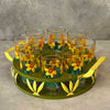 Set of Eight Vintage Flower Themed Glasses In Caddy - Made in Brazil