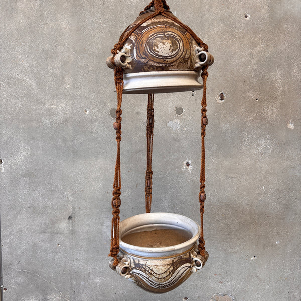 MCM Early 70's Signed Ceramic Pendant Lamp & Planter In Macrame