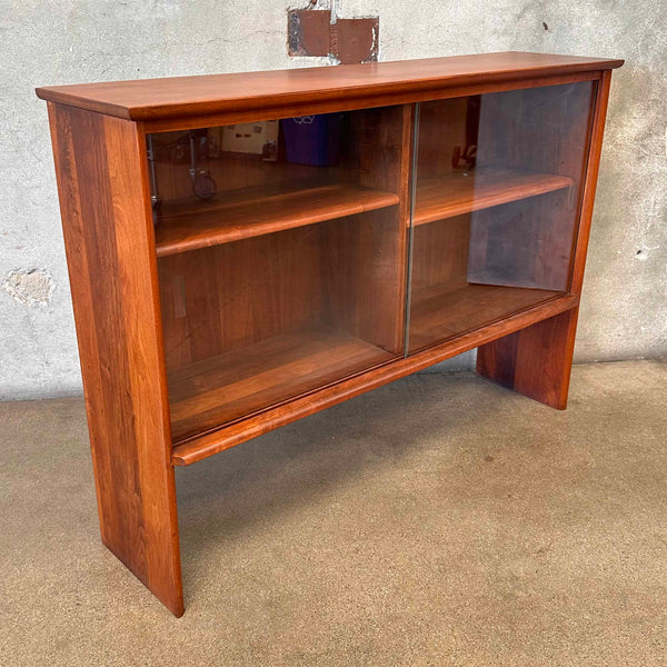 1960s Solid Walnut Hutch Cabinet With Two Shelves & Original Glass Fronts