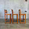 Set of 3 Vintage Solid Oak & Wicker Bar Stools