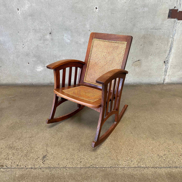 Vintage Arts & Crafts Walnut Rocking Chair w/ Rattan After Frank Lloyd Wright