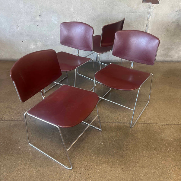 Set of Four 1980s Steelcase Max-Stacker Burgundy Plastic & Chrome Stacking Chairs