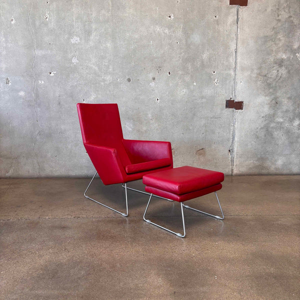 Gerard Berg Red Leather Lounge Chair & Ottoman For Label