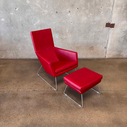 Gerard Berg Red Leather Lounge Chair & Ottoman For Label