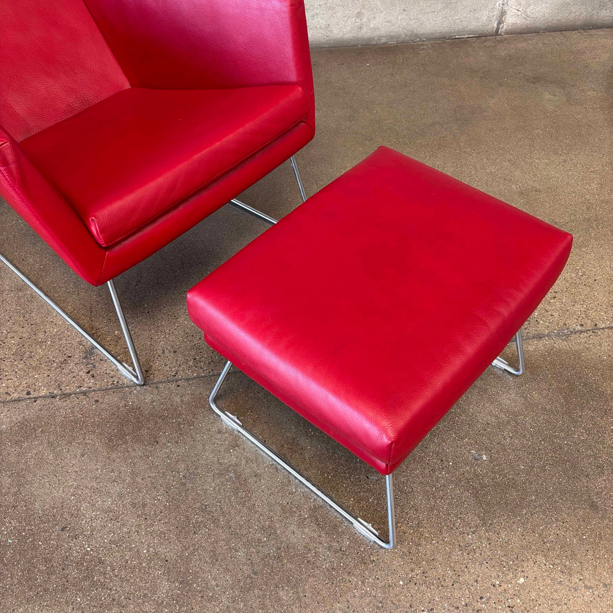 Gerard Berg Red Leather Lounge Chair & Ottoman For Label