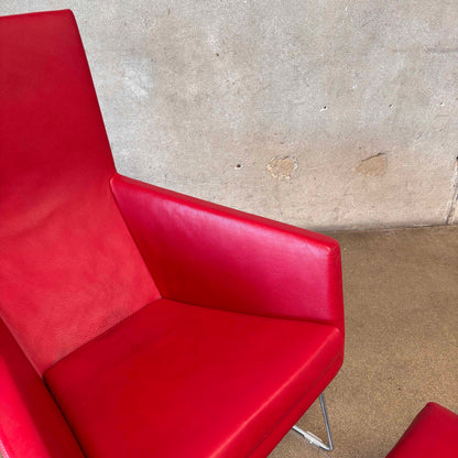 Gerard Berg Red Leather Lounge Chair & Ottoman For Label