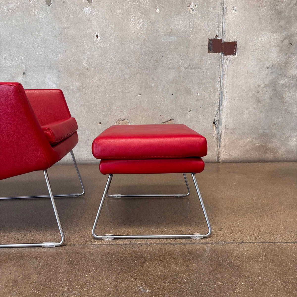 Gerard Berg Red Leather Lounge Chair & Ottoman For Label