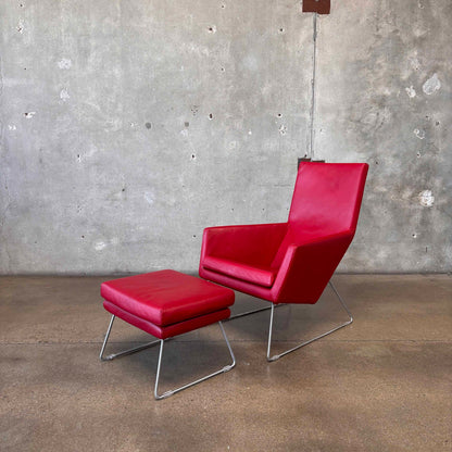 Gerard Berg Red Leather Lounge Chair & Ottoman For Label