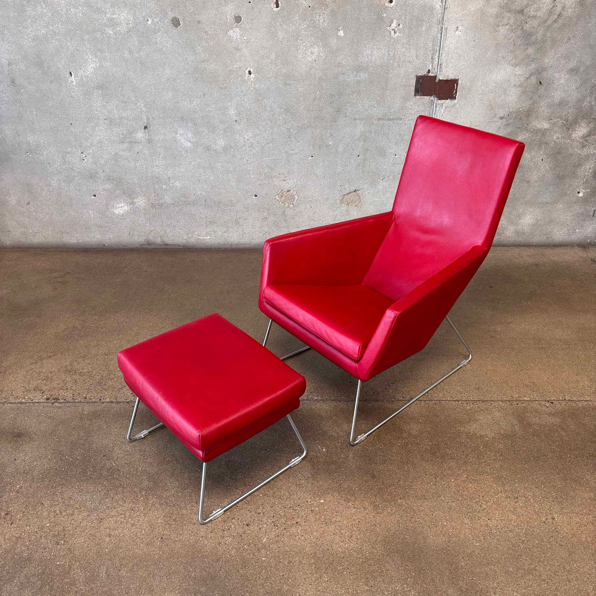 Gerard Berg Red Leather Lounge Chair & Ottoman For Label