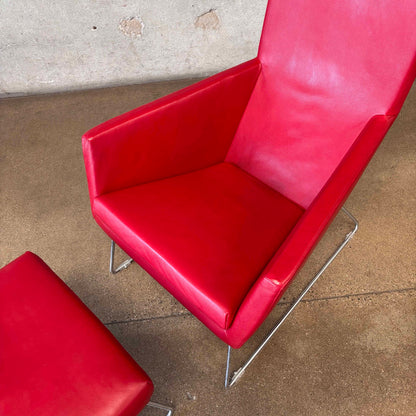 Gerard Berg Red Leather Lounge Chair & Ottoman For Label
