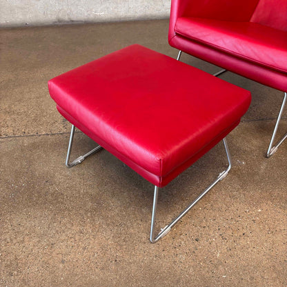 Gerard Berg Red Leather Lounge Chair & Ottoman For Label