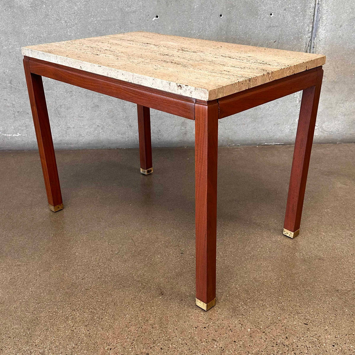 1960s Italian Travertine & Walnut Base & Brass Tip Legs Mid Century End Table