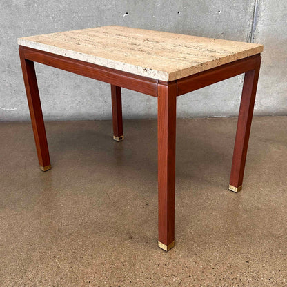 1960s Italian Travertine & Walnut Base & Brass Tip Legs Mid Century End Table