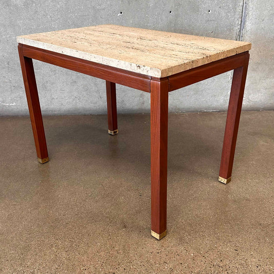 1960s Italian Travertine & Walnut Base & Brass Tip Legs Mid Century End Table