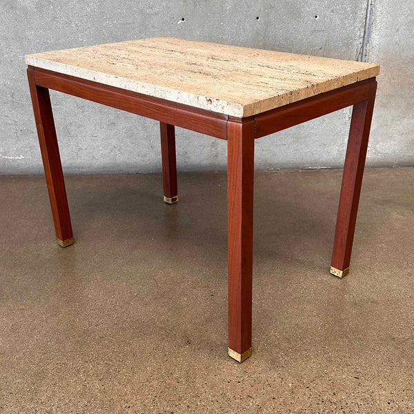 1960s Italian Travertine & Walnut Base & Brass Tip Legs Mid Century End Table