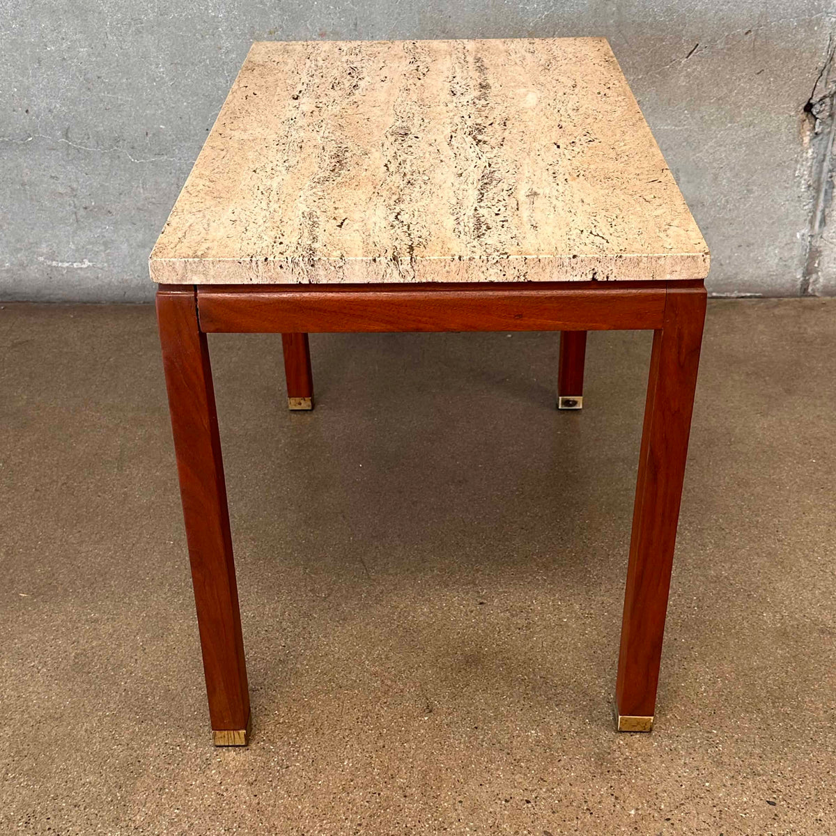 1960s Italian Travertine & Walnut Base & Brass Tip Legs Mid Century End Table
