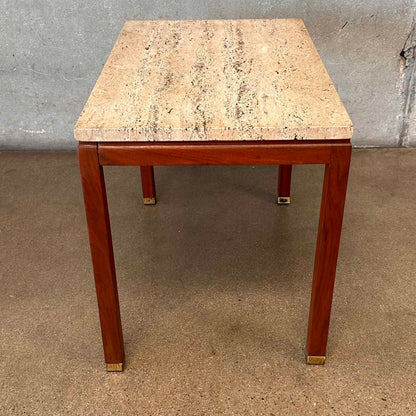 1960s Italian Travertine & Walnut Base & Brass Tip Legs Mid Century End Table