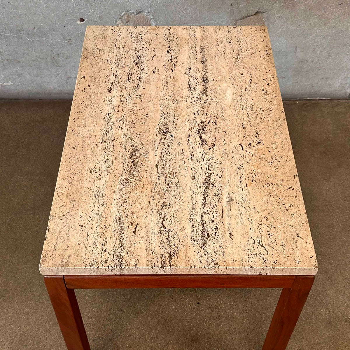 1960s Italian Travertine & Walnut Base & Brass Tip Legs Mid Century End Table