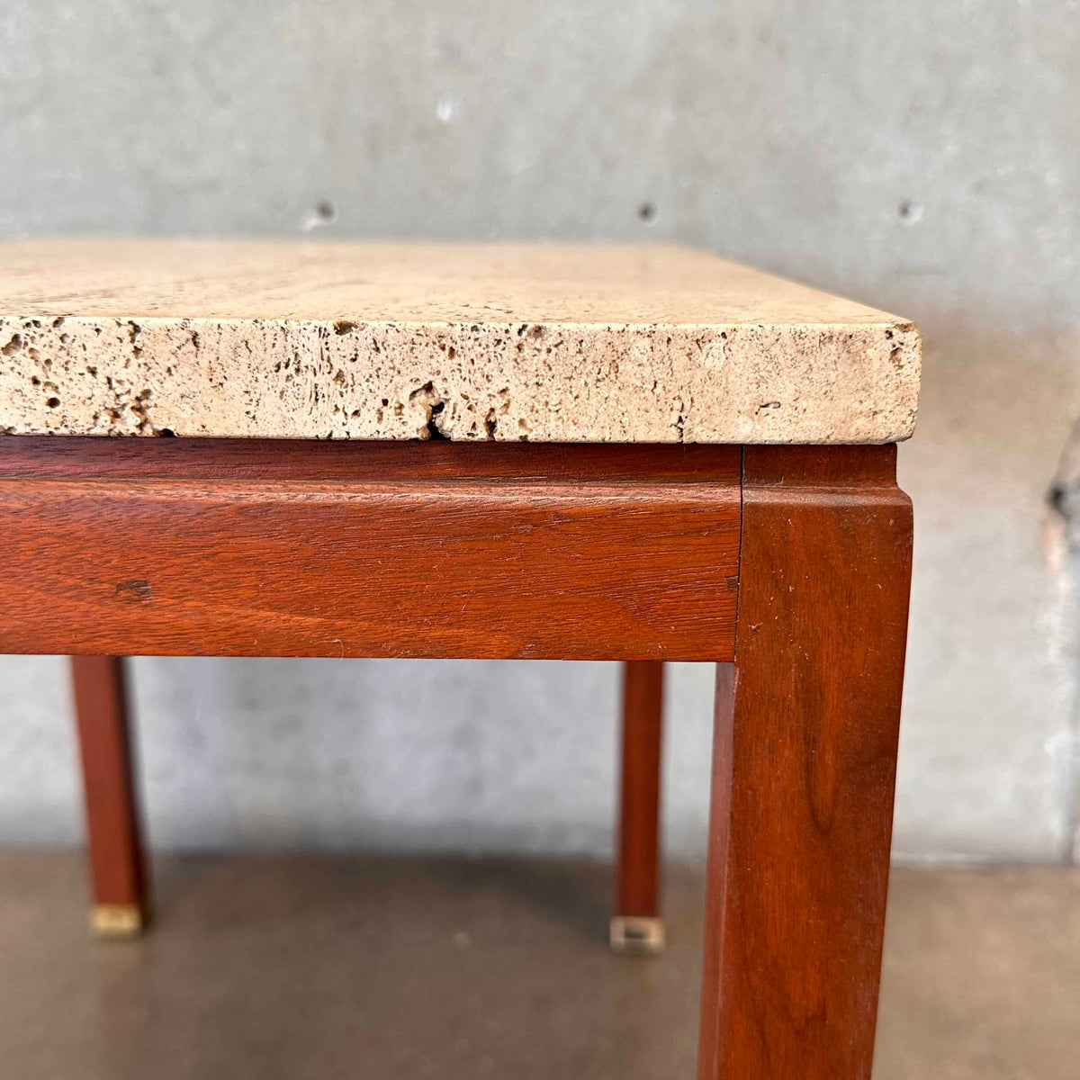 1960s Italian Travertine & Walnut Base & Brass Tip Legs Mid Century End Table