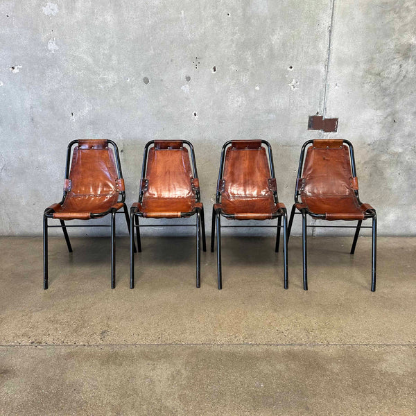 Set of Four Charlotte Perriand Chairs For Les Acres In Steel & Leather