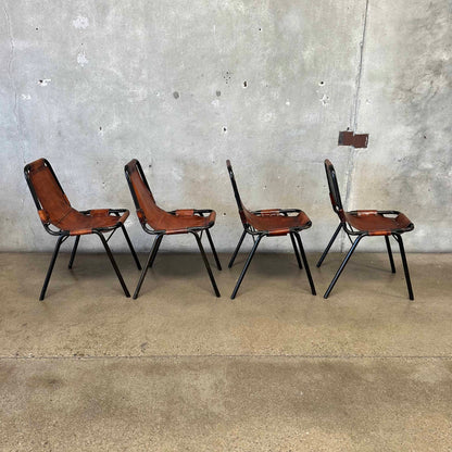 Set of Four Charlotte Perriand Chairs For Les Acres In Steel & Leather