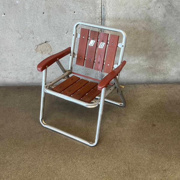 Vintage Aluminum & Redwood Folding Child's Slatted Camping Lawn Chair