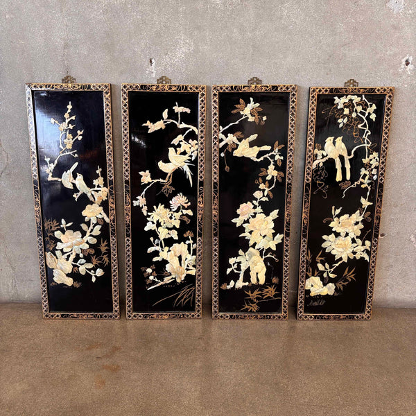 Set of Four Chinese 3D Panels With Birds & Flowers