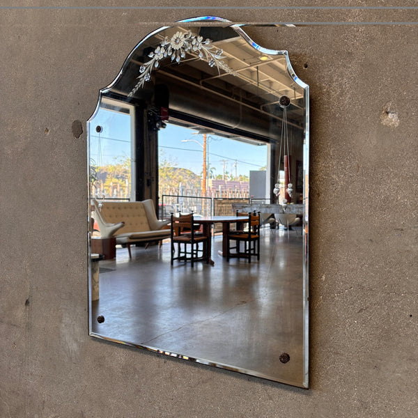 Vintage 1940's Etched Wall Mirror, Beveled w/ Arch Top