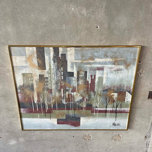 Mid Century Modern Framed Cityscape Painting by LEE REYNOLDS for Vanguard