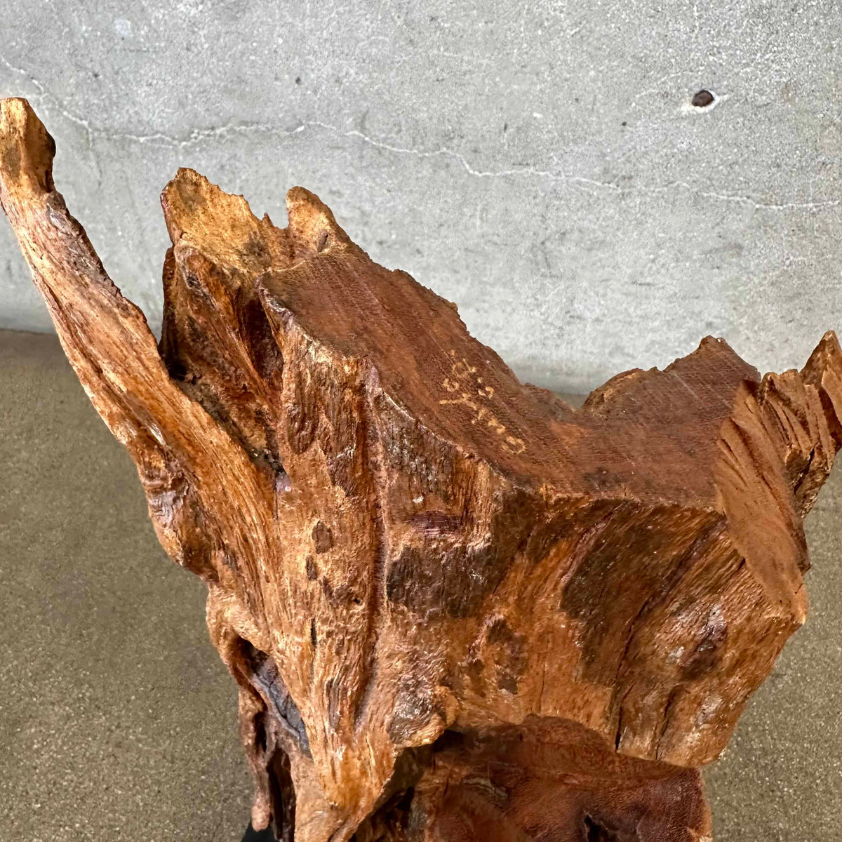 Organic Design Wood Carved Face From Live Edge Wood Fragment Signed Folk Art