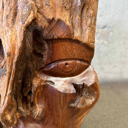 Organic Design Wood Carved Face From Live Edge Wood Fragment Signed Folk Art