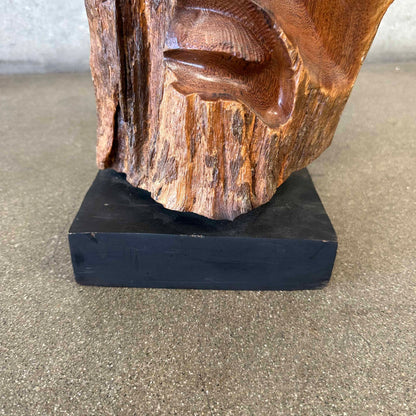Organic Design Wood Carved Face From Live Edge Wood Fragment Signed Folk Art