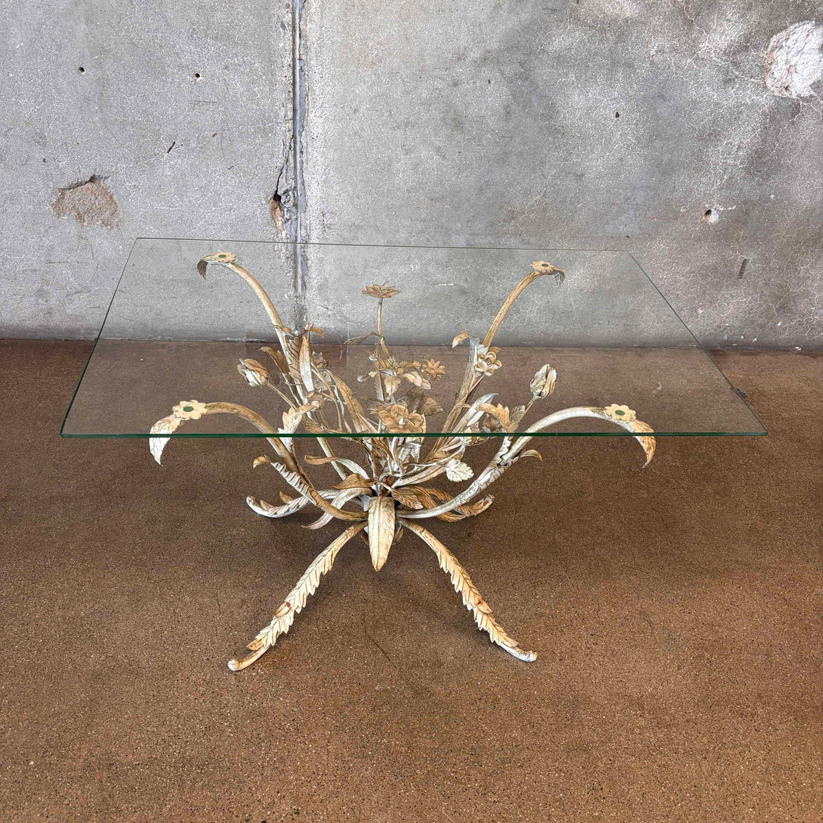 Vintage Tole Metal Side Table With Glass Top