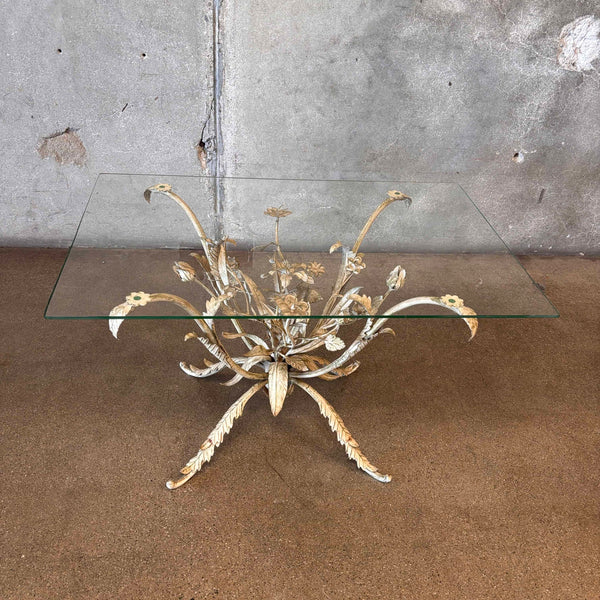 Vintage Tole Metal Side Table With Glass Top