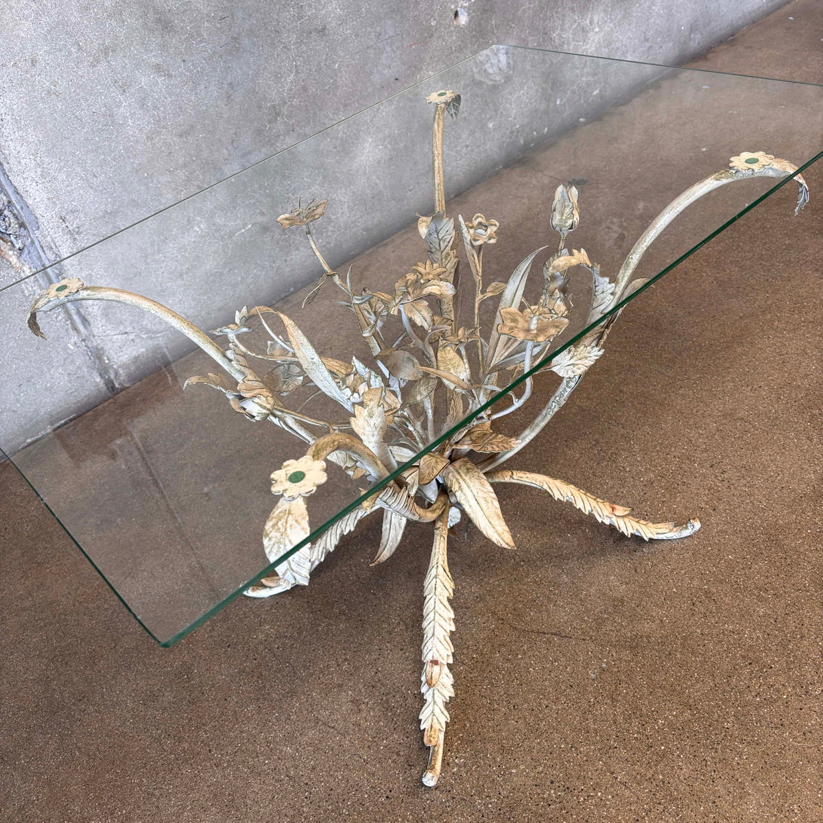 Vintage Tole Metal Side Table With Glass Top