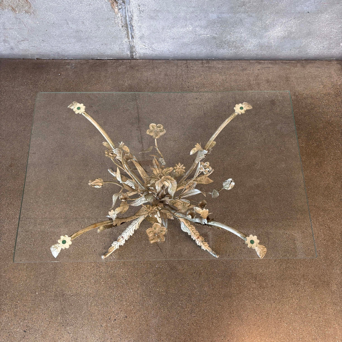 Vintage Tole Metal Side Table With Glass Top