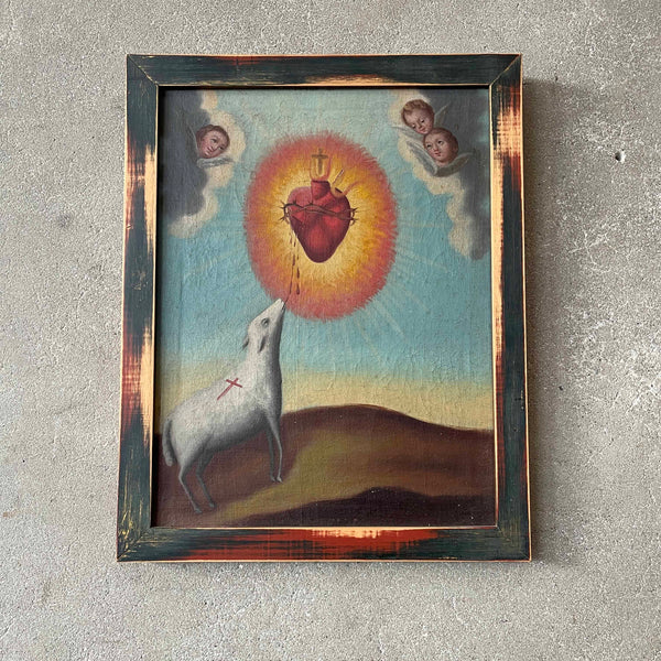 Vintage Scared Heart Oil on Canvas Painting