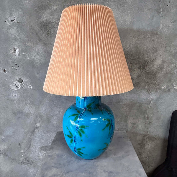 1970's Pottery Lamp Bamboo w/ Original Shade