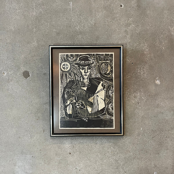 "Bagpiper" Wood Cut on Paper by Ilie Patrut