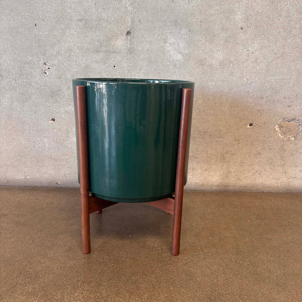 Green Gainey Ceramic Pot With Walnut Stand