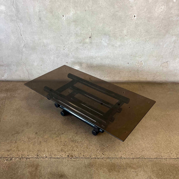 Vintage Mid Century Modern Smoked Glass Coffee Table With Black Metal Base