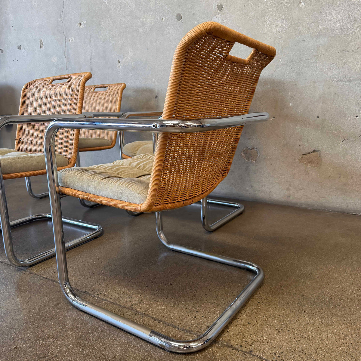 Chrome & Rattan Dining Chairs (4) with Sage Upholstery