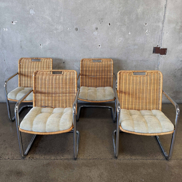 Chrome & Rattan Dining Chairs (4) with Sage Upholstery
