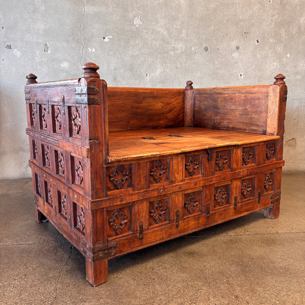 Antique Solid Teak Day Bed/Dowry - Hand Carved w/ Storage