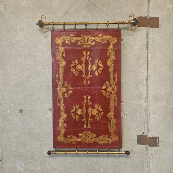 Painted Leather Wall Hanging with Two Metal Gilt Rods